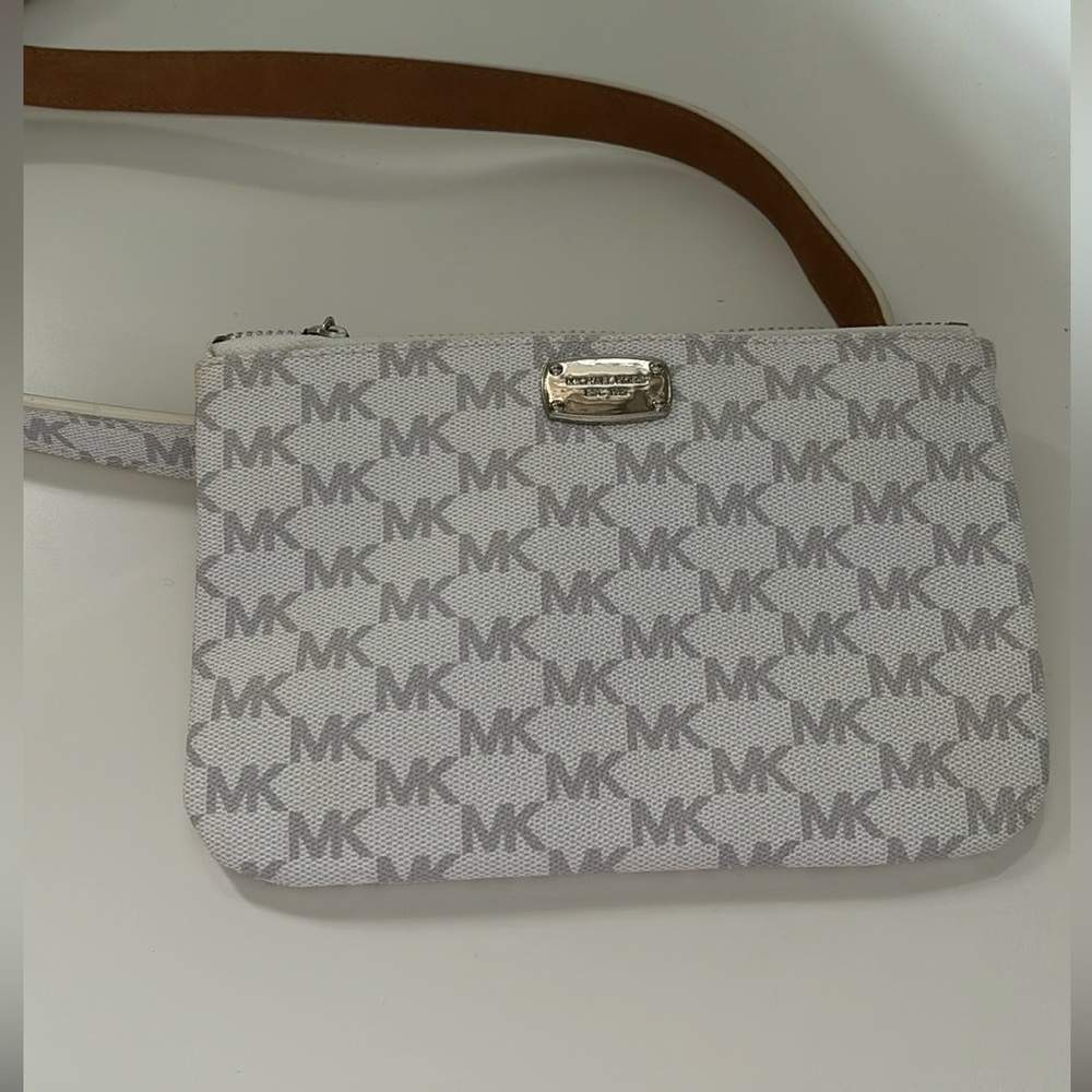 White and grey Michael Kors leather belt purse